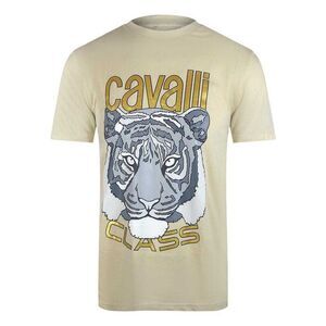 Cavalli Class Mens Tiger Print Logo T-Shirt / Beige Sand